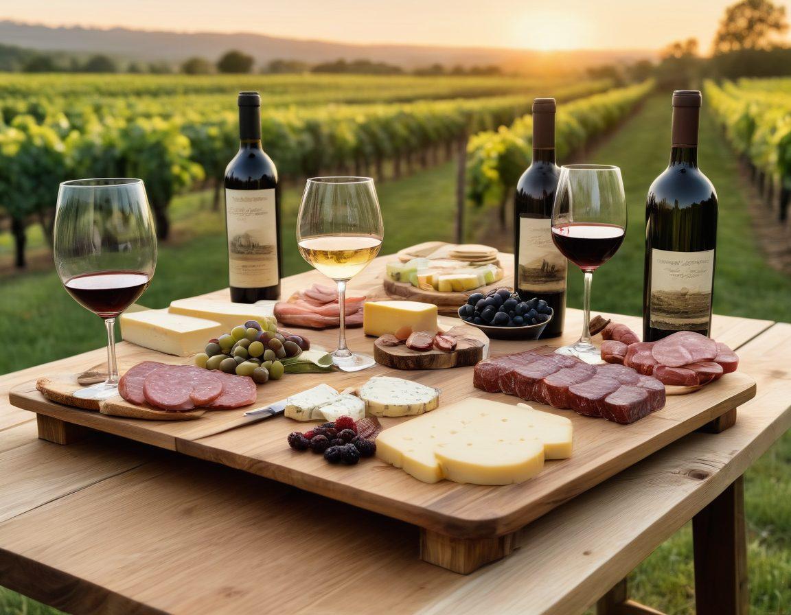 A rustic wooden table set for an outdoor wine tasting, featuring artistic bottles of military-themed wines, surrounded by handcrafted wine glasses. In the background, a serene vineyard under a sunset sky, with hints of military motifs like camouflage and badges subtly integrated into the table decor. Include delicate cheese and charcuterie boards to enhance the artisanal feel. vibrant colors. painterly style.