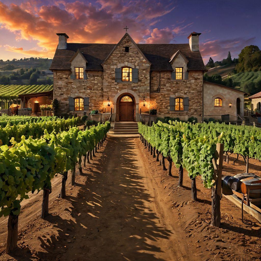 A split-scene image showcasing a traditional vineyard on one side, with classic grapevines and an old winery building, transitioning to a modern, high-tech wine production facility on the other side, featuring sleek machinery and digital screens. Include elements like a sommelier tasting wine in both settings, blending history with technology. vibrant colors. super-realistic. dynamic lighting.