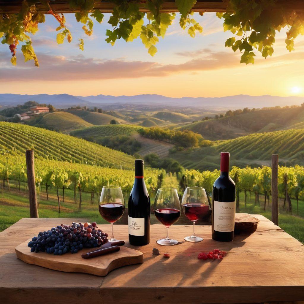 A rustic vineyard at sunset with lush grapevines in the foreground, an artisanal wooden tasting table set with an array of wine glasses, a bottle of rich red wine uncorked, and a pair of wine enthusiasts savoring the moment. The backdrop features rolling hills and a serene sky, capturing the essence of wine appreciation. vibrant colors. super-realistic.